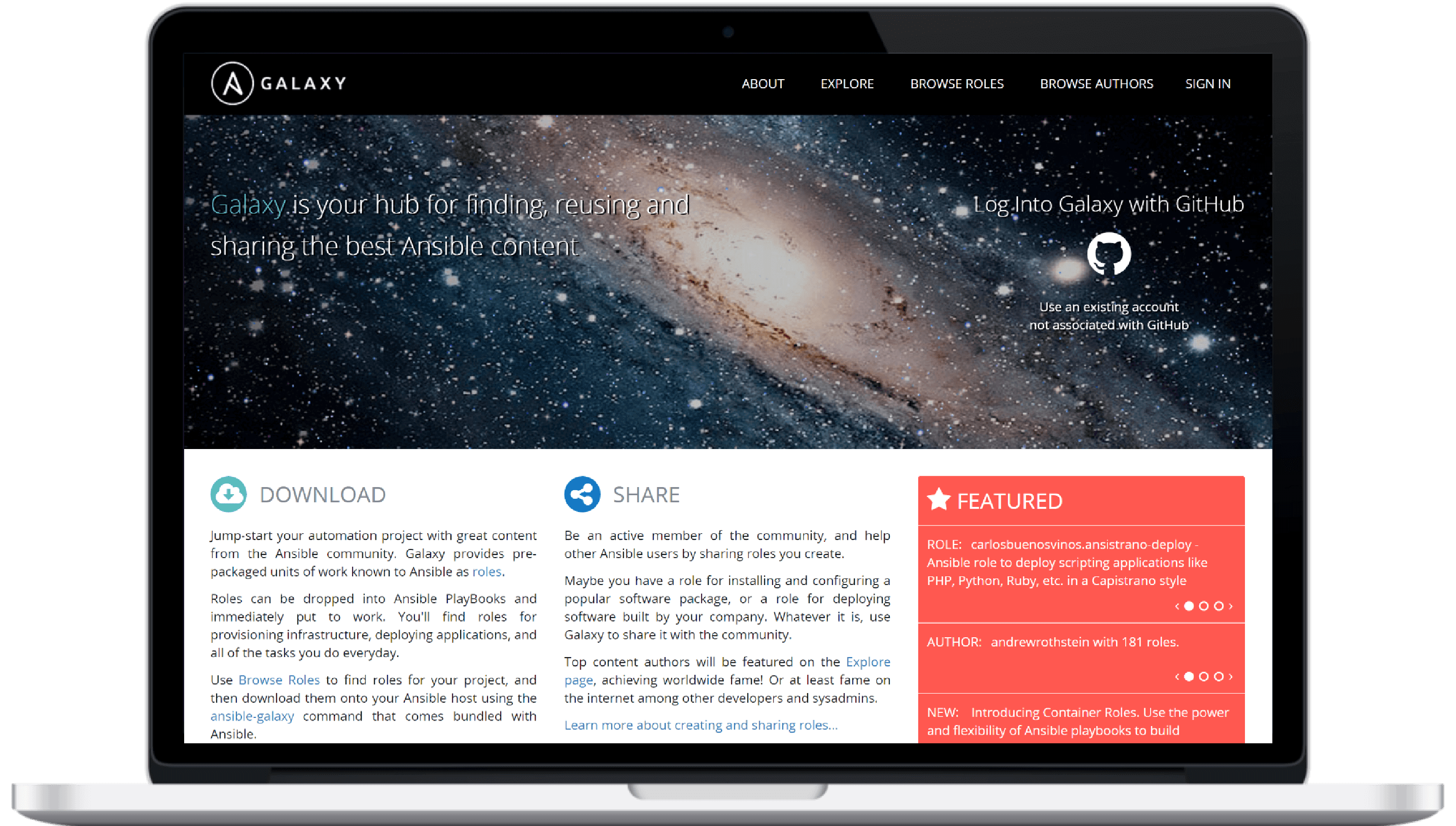 Computer with Ansible Galaxy Website Shown on It