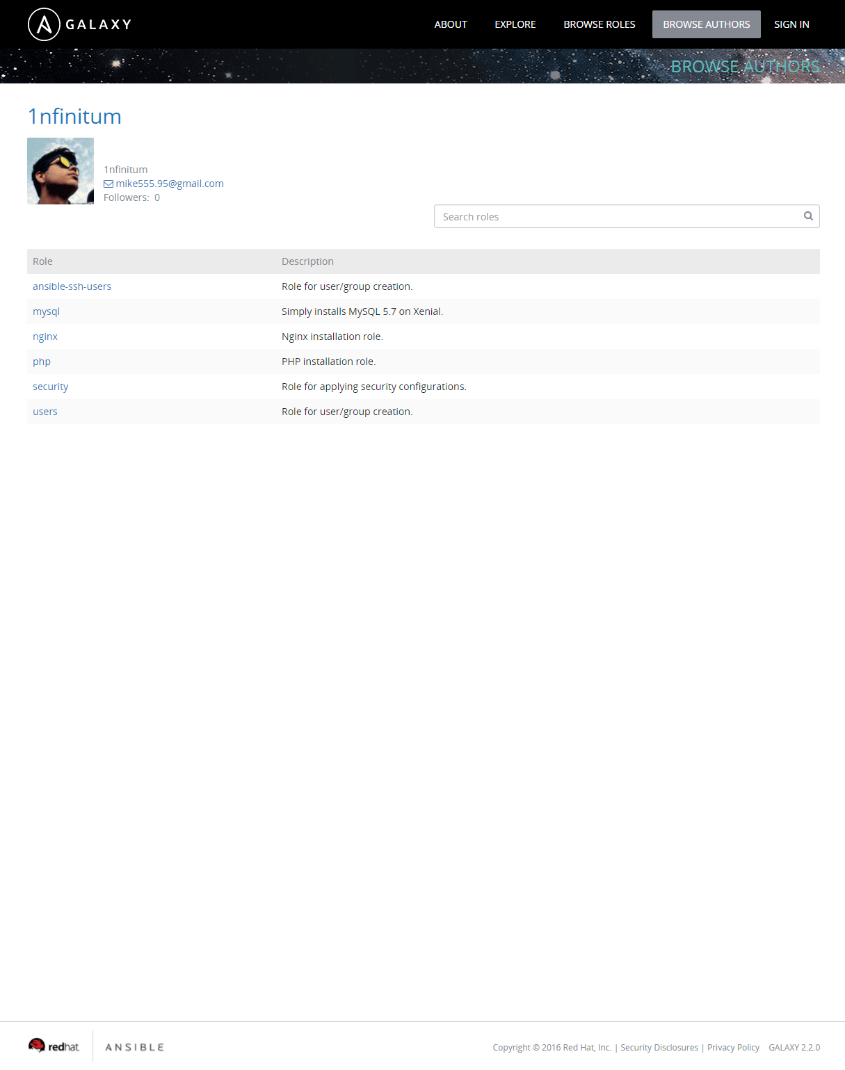 Original User Profile of Ansible Galaxy