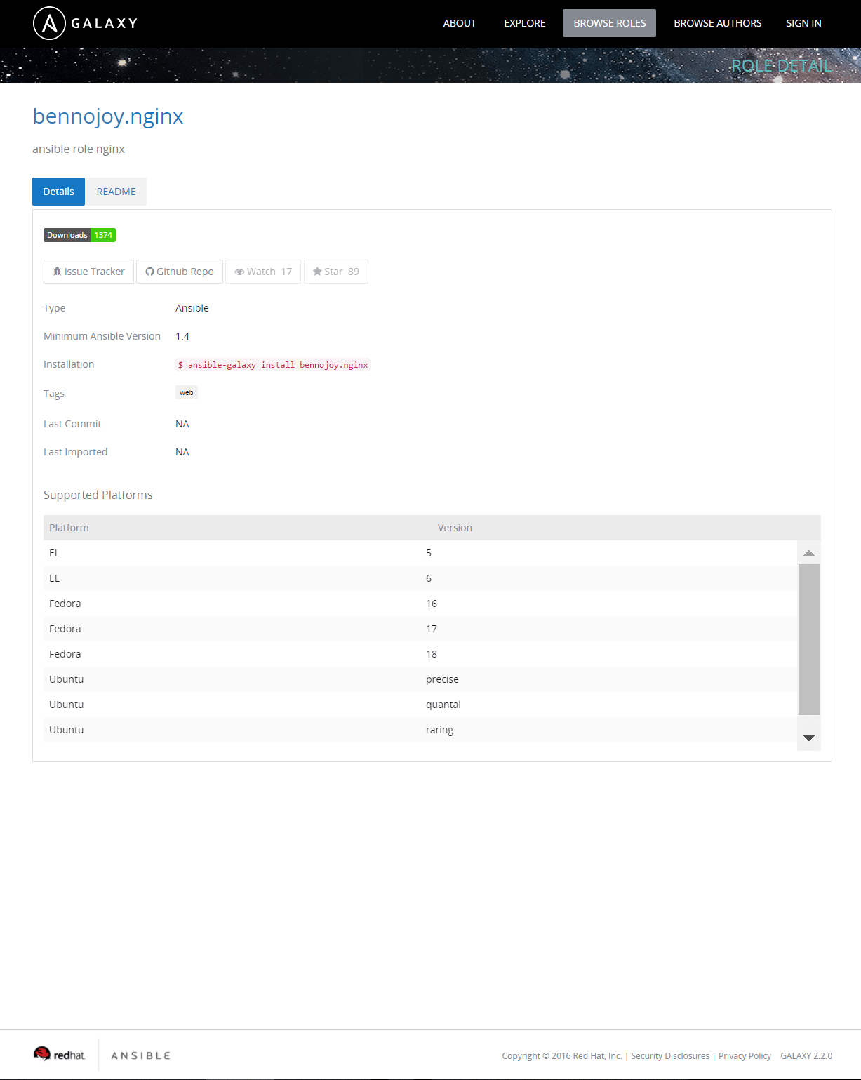 Original Role Page of Ansible Galaxy